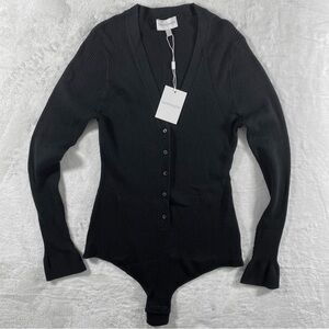 FAVORITE DAUGHTER Black Ribbed Knit V-Neck Bodysuit LARGE Cashmere Cotton NWT